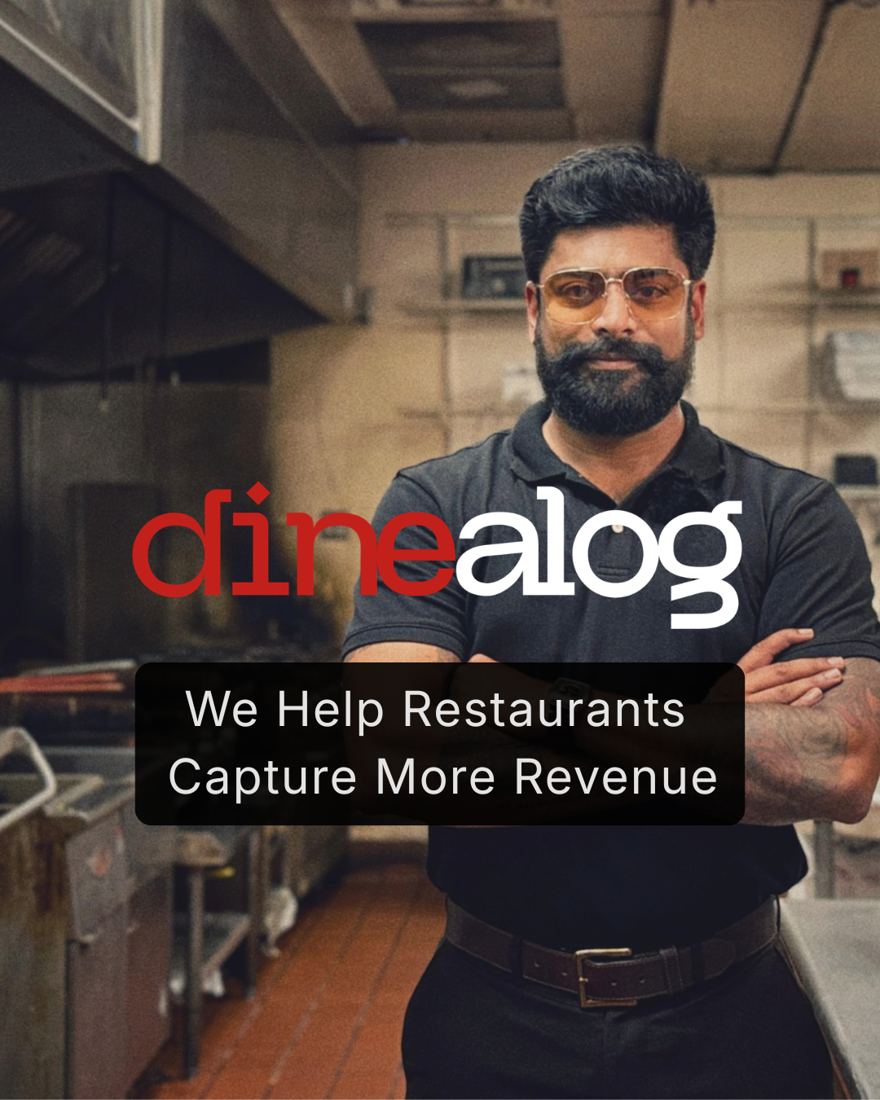 Still from the Dinealog founder video: a man in a restaurant kitchen beside the Dinealog logo and the line “We Help Restaurants Capture More Revenue”