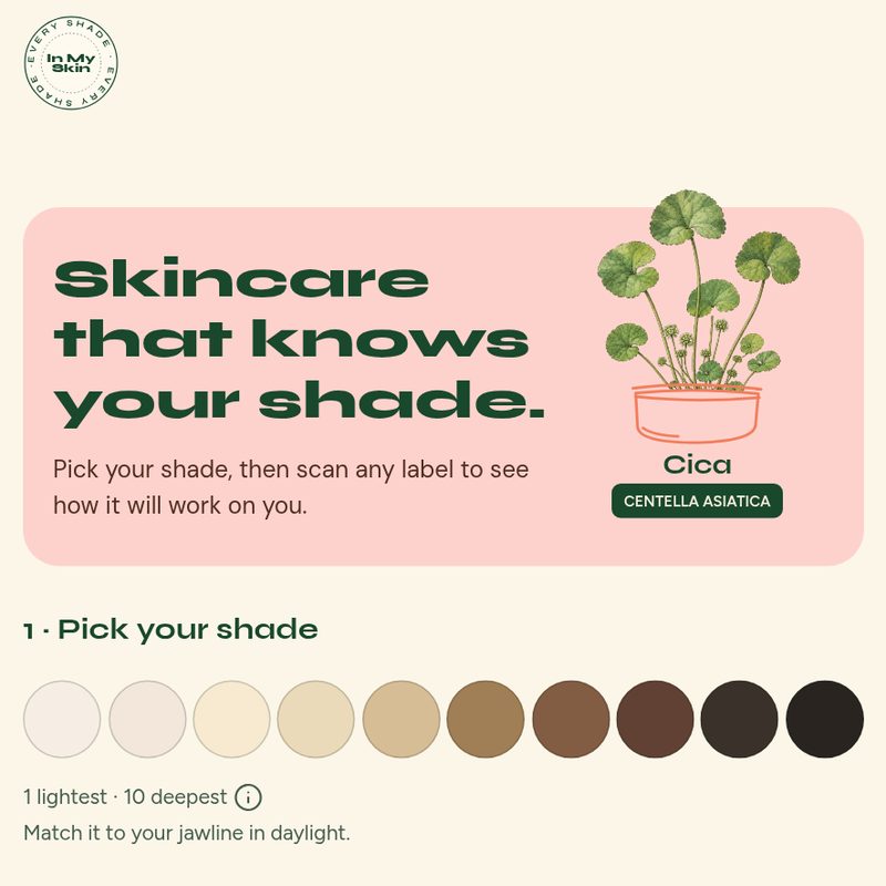 Screenshot of the In My Skin app: “Skincare that knows your shade,” with a row of 10 skin shades to pick from