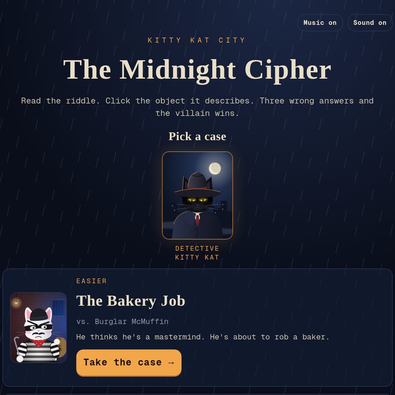 Start screen of The Midnight Cipher: the title over a rainy night sky, Detective Kitty Kat in a fedora, and the case “The Bakery Job” vs. Burglar McMuffin